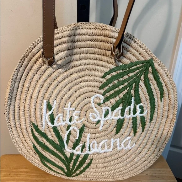 Kate Spade Straw Tote with Green Leaf Design - Picture 2 of 6